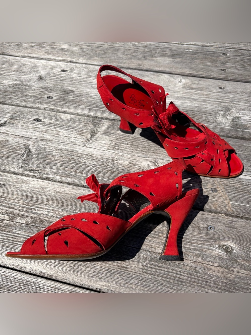PETER FOX Red Suede Leather Peep Toe Italy Vintage 90s Retro Strappy Heels Sz 10